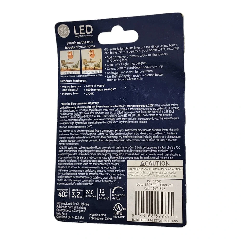 GE Reveal Dimmable Candelabra Base‎ BC Shape LED Light Bulb 240 Lumens 3w